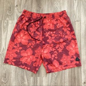Men's Prana Red Floral Swim Shorts, Lined. Large